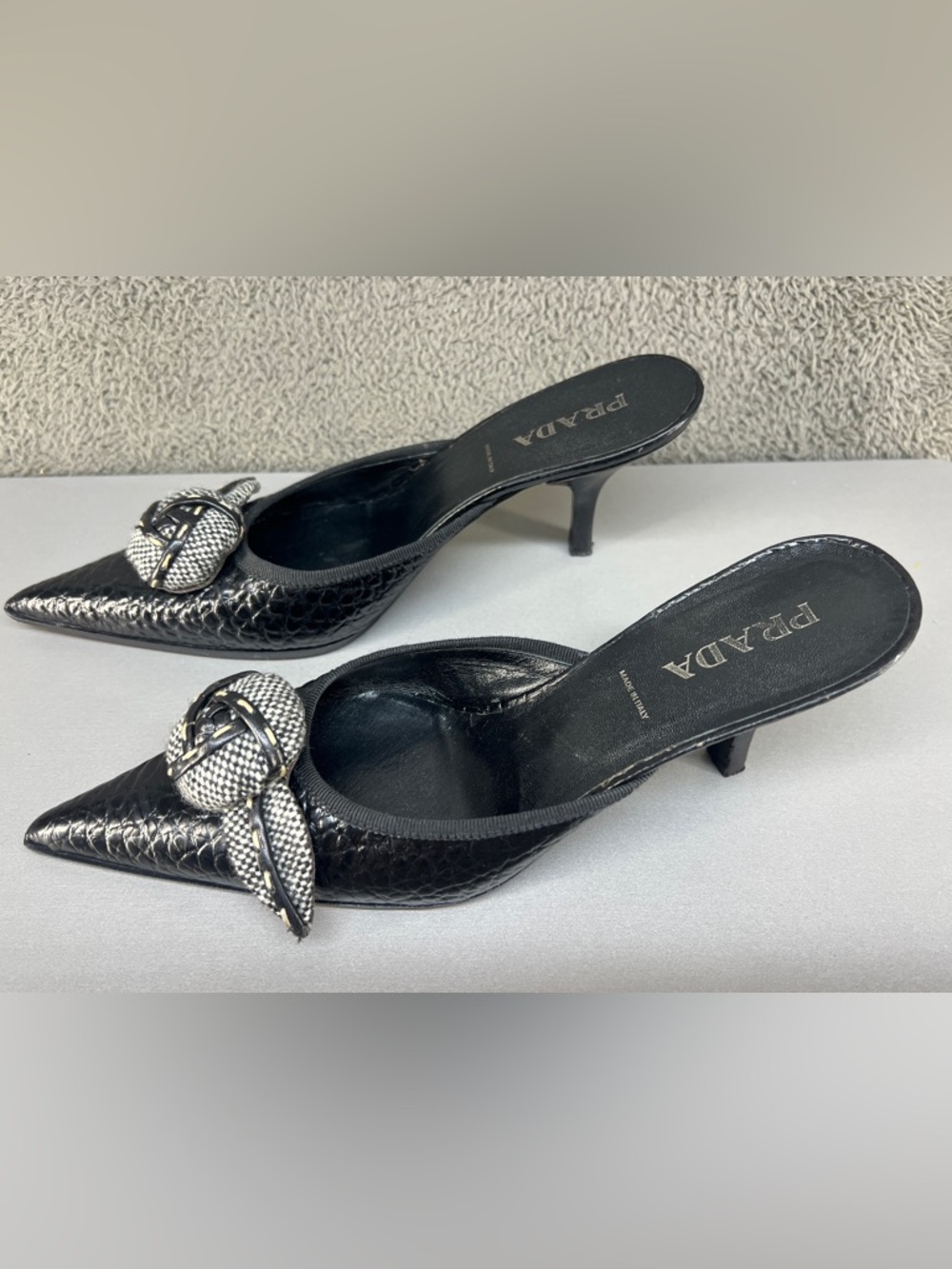 Prada Black Pointed-Toe Leather Mules with Knotted Textile Accent - Picture 8 of 14